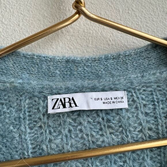 Zara Alpaca Blend Blue Ruffle Button Front Knit Puff Sleeve Sweater Size Small - Picture 4 of 9